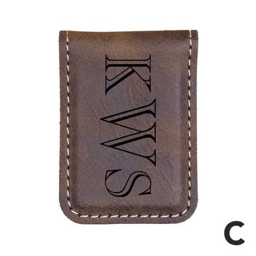 personalized faux leather money clip on a white background