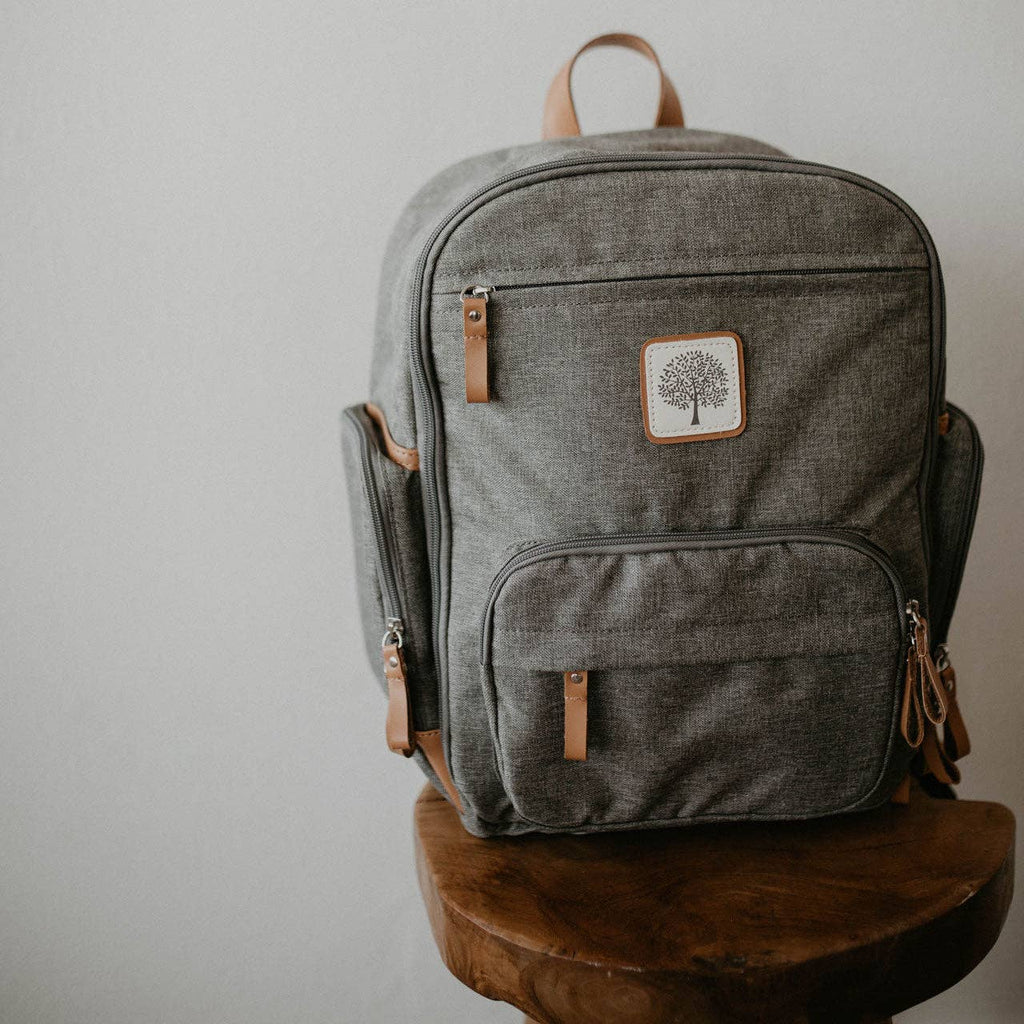 gray diaper bag on a white background