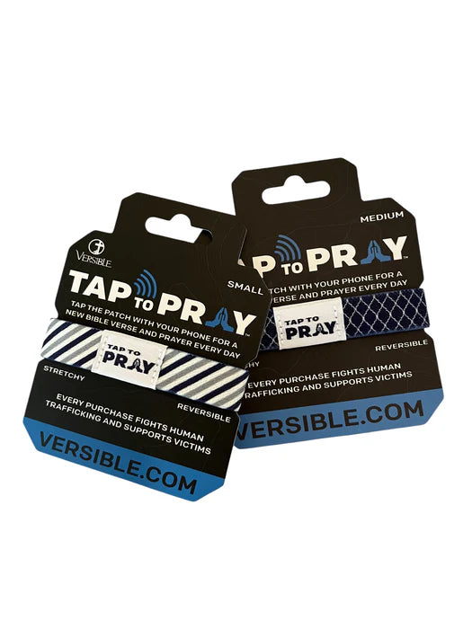 Two packages of 'Tap to Pray' wristbands with visible branding on a white background.