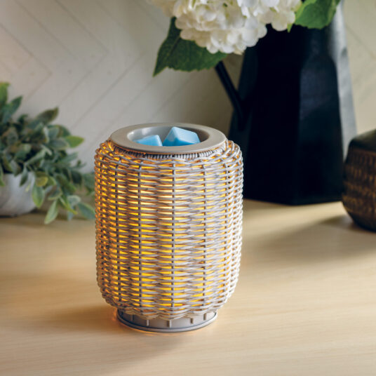 Wicker basket with tissues on a wooden surface, surrounded by plants.