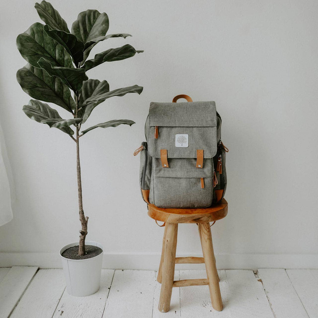 gray diaper bag on a white background