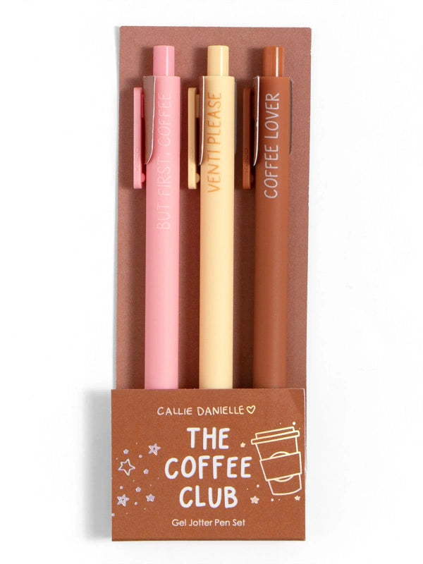 Three pens in a packaging box labeled 'The Coffee Club' with branding on a white background.