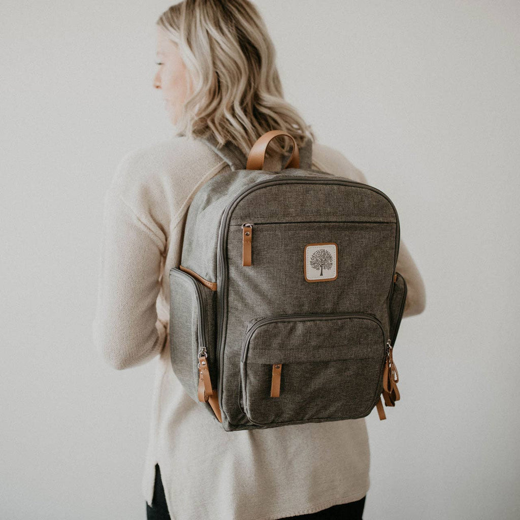 gray diaper bag on a white background