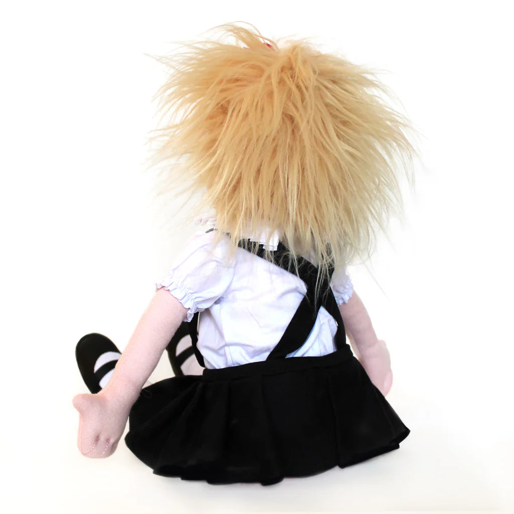 Plush toy with blonde hair, white shirt, and black skirt on a white background