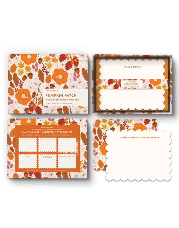 Set of pumpkin-themed notecards with decorative designs on a white background