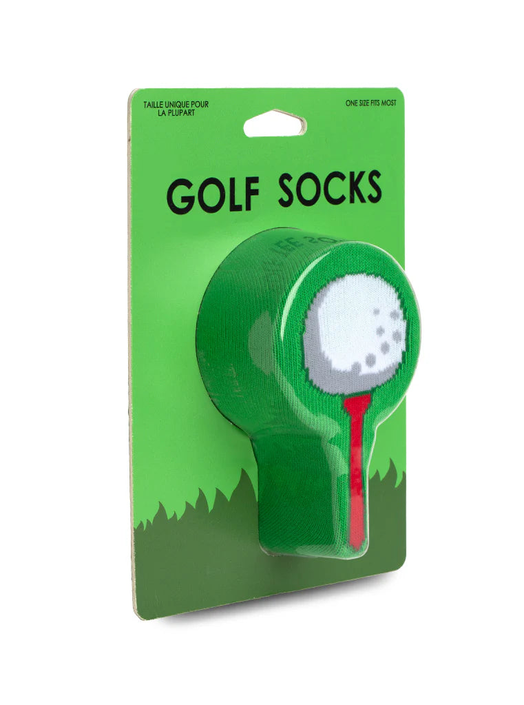 Packaging of golf socks with a green background and golf ball design.