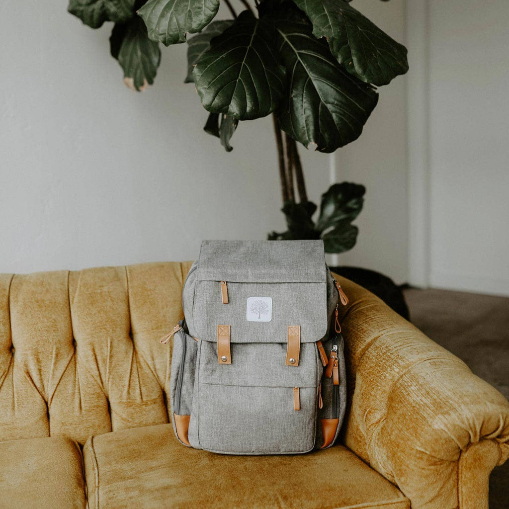 gray diaper bag on a white background