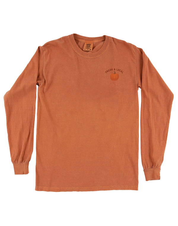 Orange long-sleeve shirt with a small logo on a white background