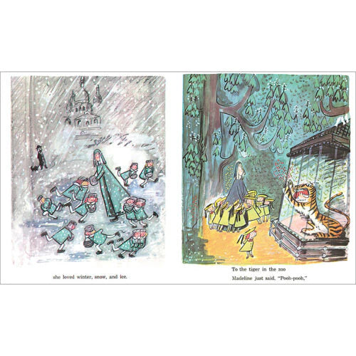 Illustrations of children playing in the snow and at a zoo with a tiger, from a book or magazine.