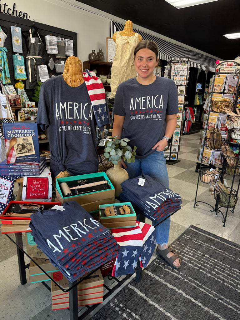 patriotic tee being worn in a store