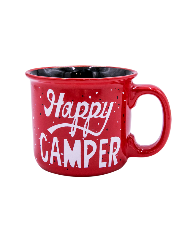 red happy camper lazy one mug on a white background