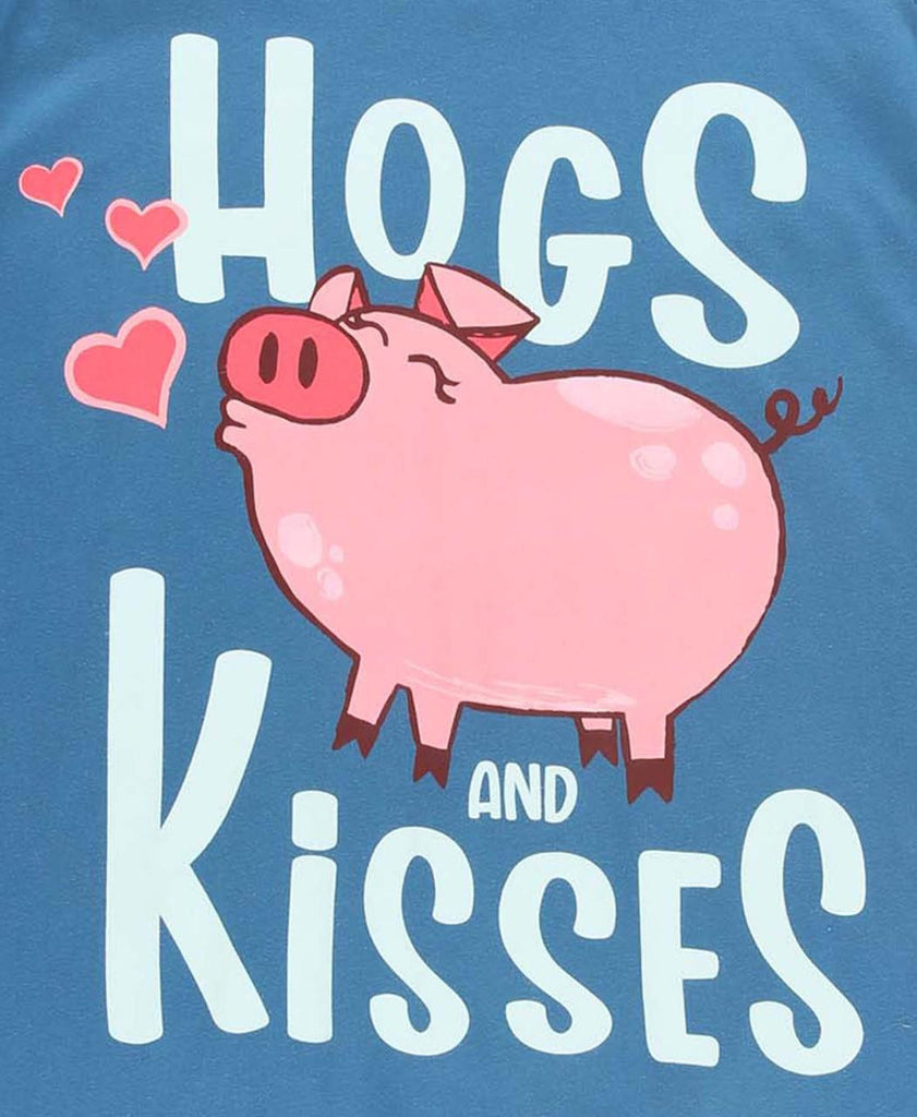 Blue t-shirt with a cartoon pig and text 'Hogs and Kisses' on a blue background