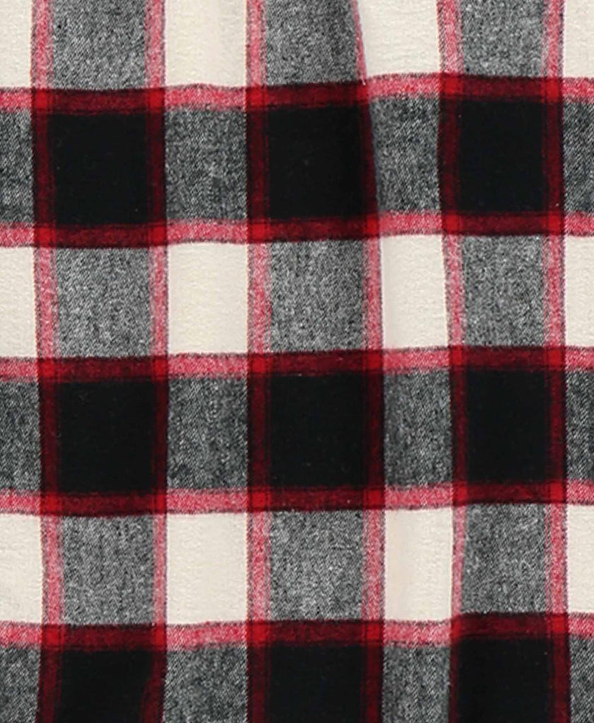 Close-up of a checkered fabric with black, gray, and red pattern