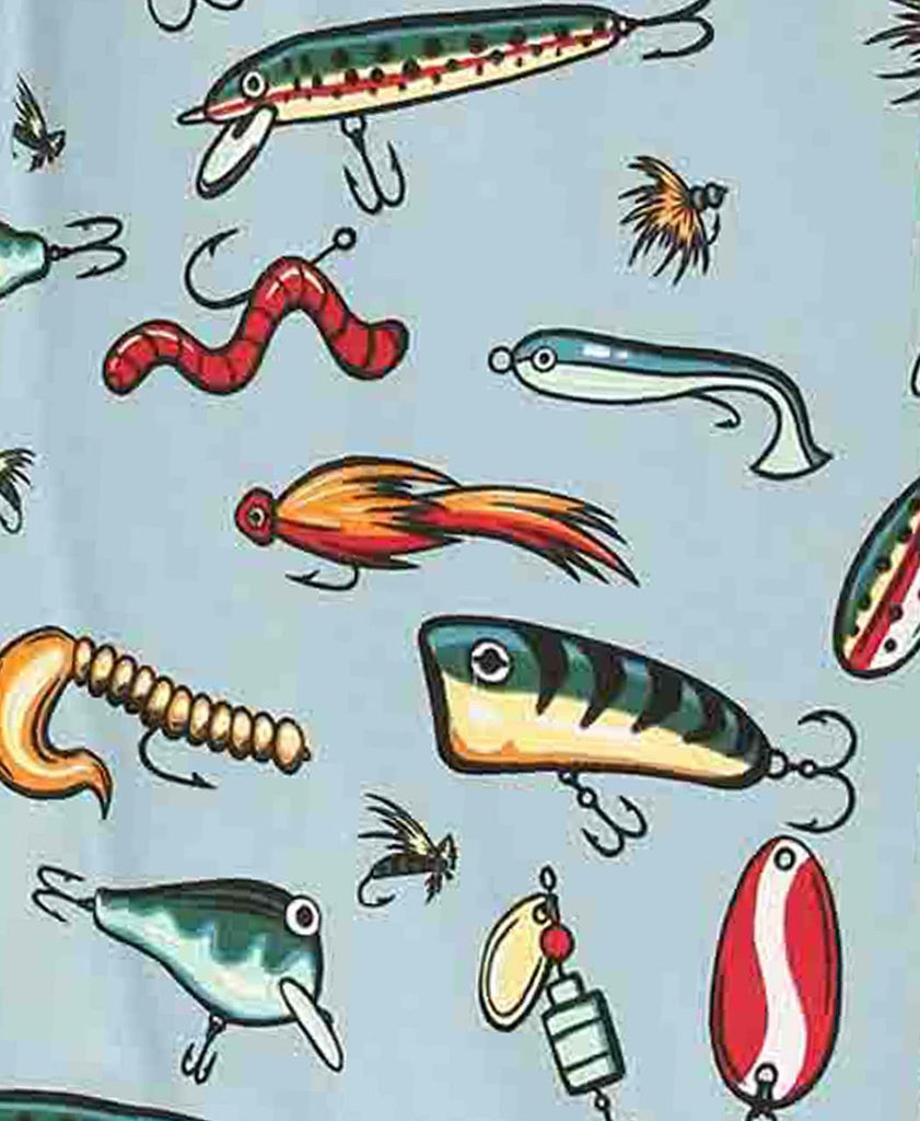 Pattern of various fishing lures on a blue background