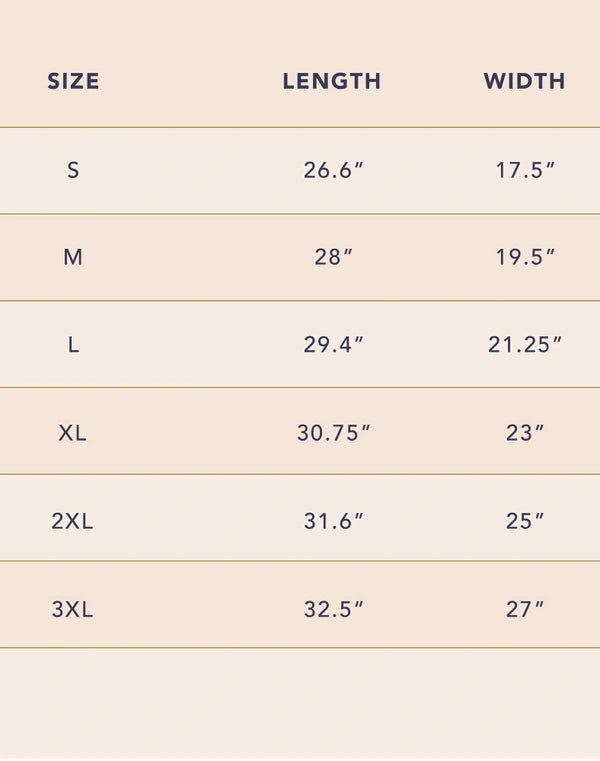 Size chart with measurements for length and width on a beige background