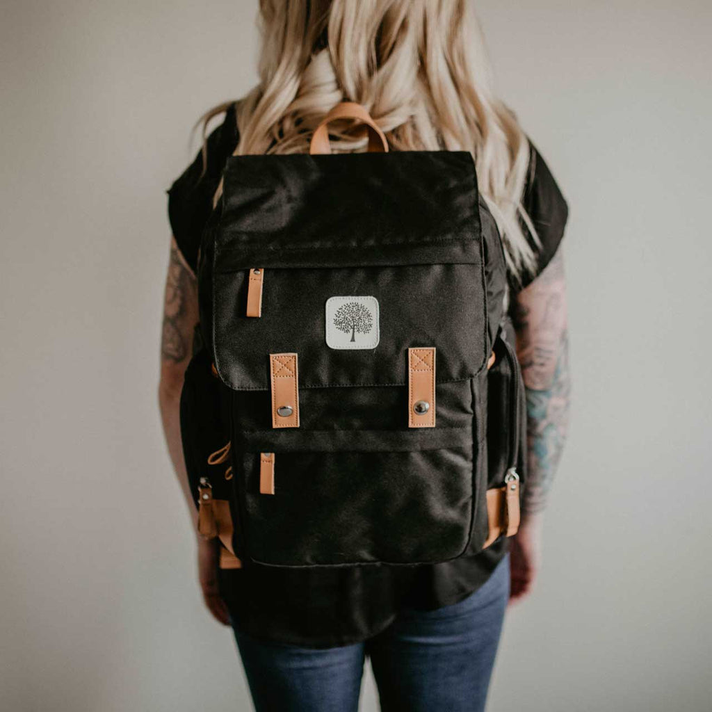 black diaper bag on a white background