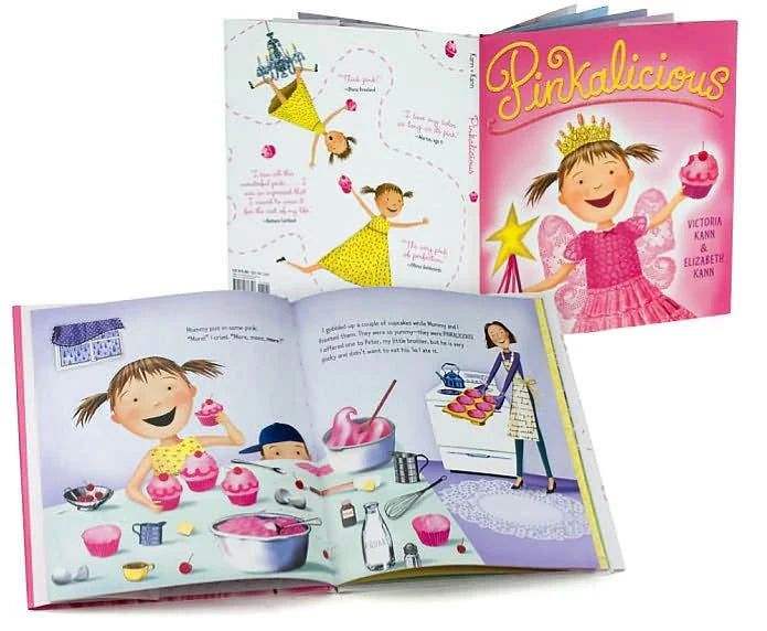 Open book showing illustrations and a character in a pink dress with a crown on a white background