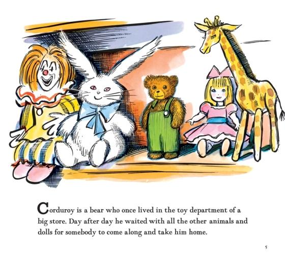 Illustration of toys including a clown, rabbit, bear, and giraffe with text about Corduroy.