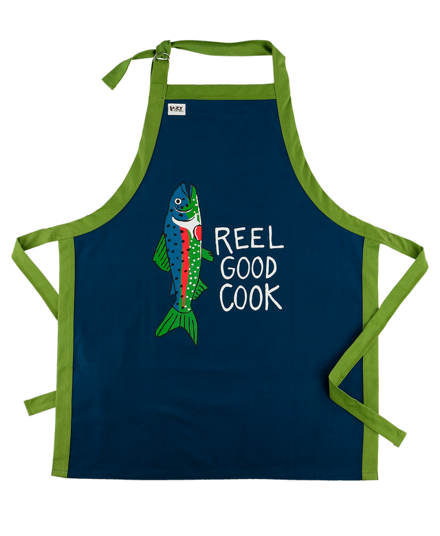 lazy one reel good cook blue fish apron on a white background
