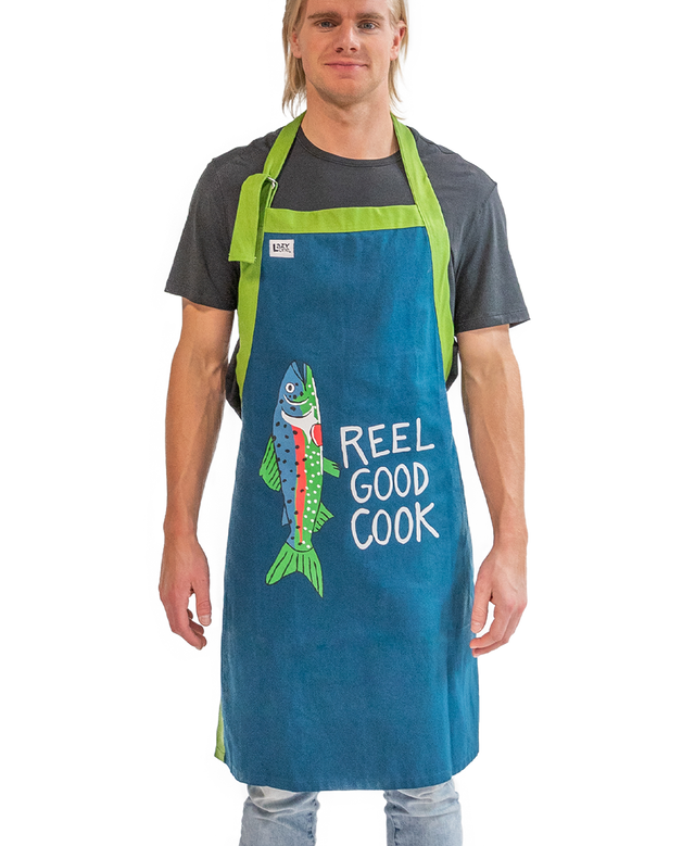 lazy one reel good cook blue fish apron  worn by a man on a white background