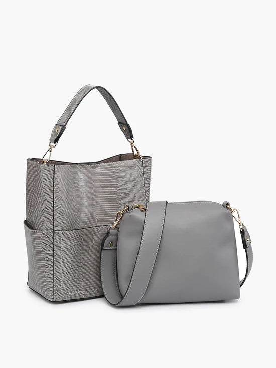 gray jen and co bucket bag separated from each other on a white background