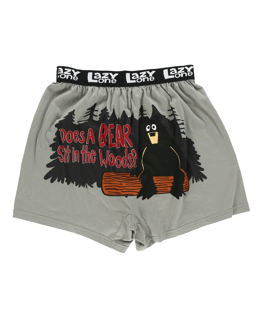Gray boxer shorts with a bear graphic and text on a white background