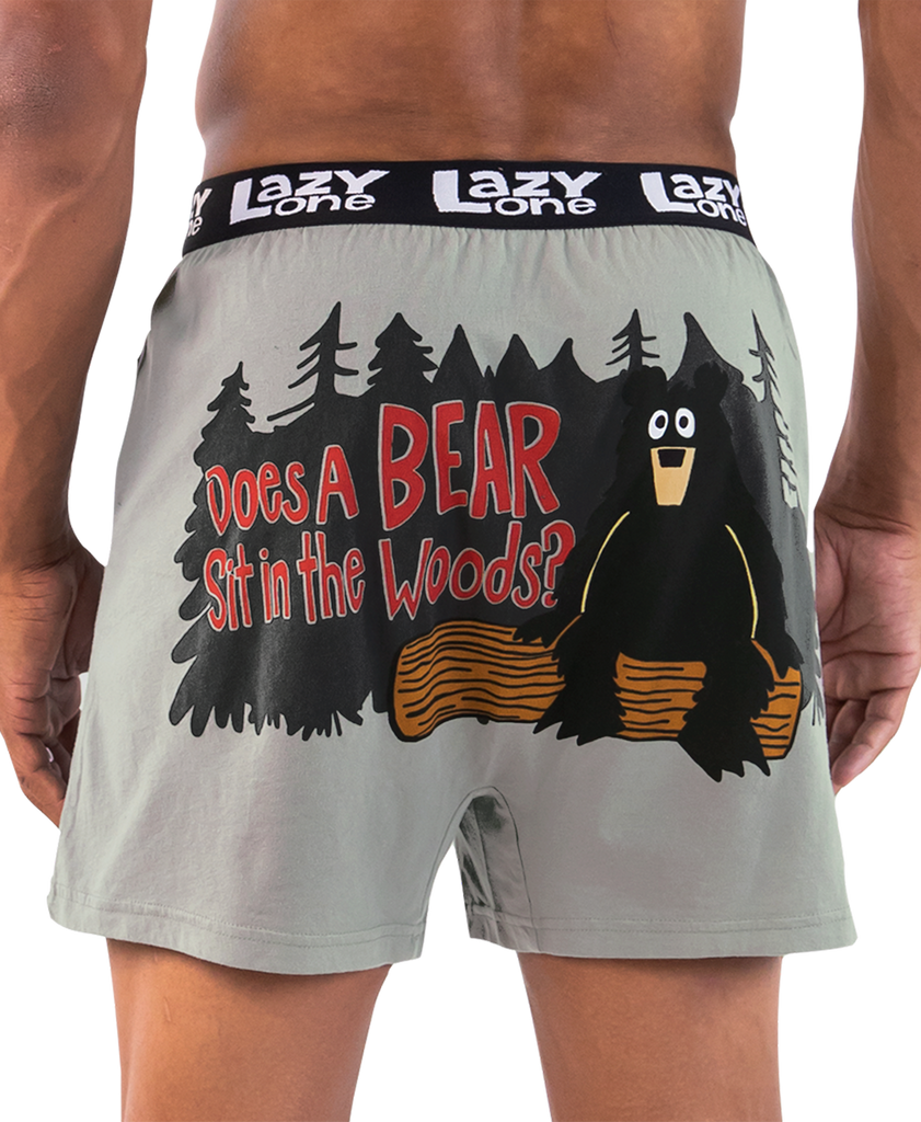 Boxer briefs with a bear graphic and text on a gray background