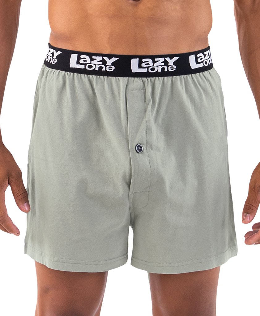 Light gray boxer shorts with a black waistband featuring 'Lazy One' branding on a white background.