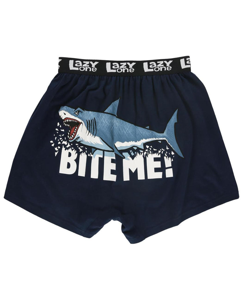 Navy blue boxer briefs with shark graphic and 'Bite Me!' text on a white background
