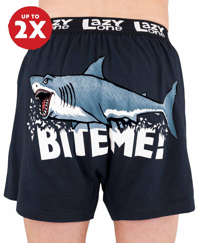 Navy blue boxer briefs with shark graphic and 'BITEME!' text, brand 'Lazy One' visible.