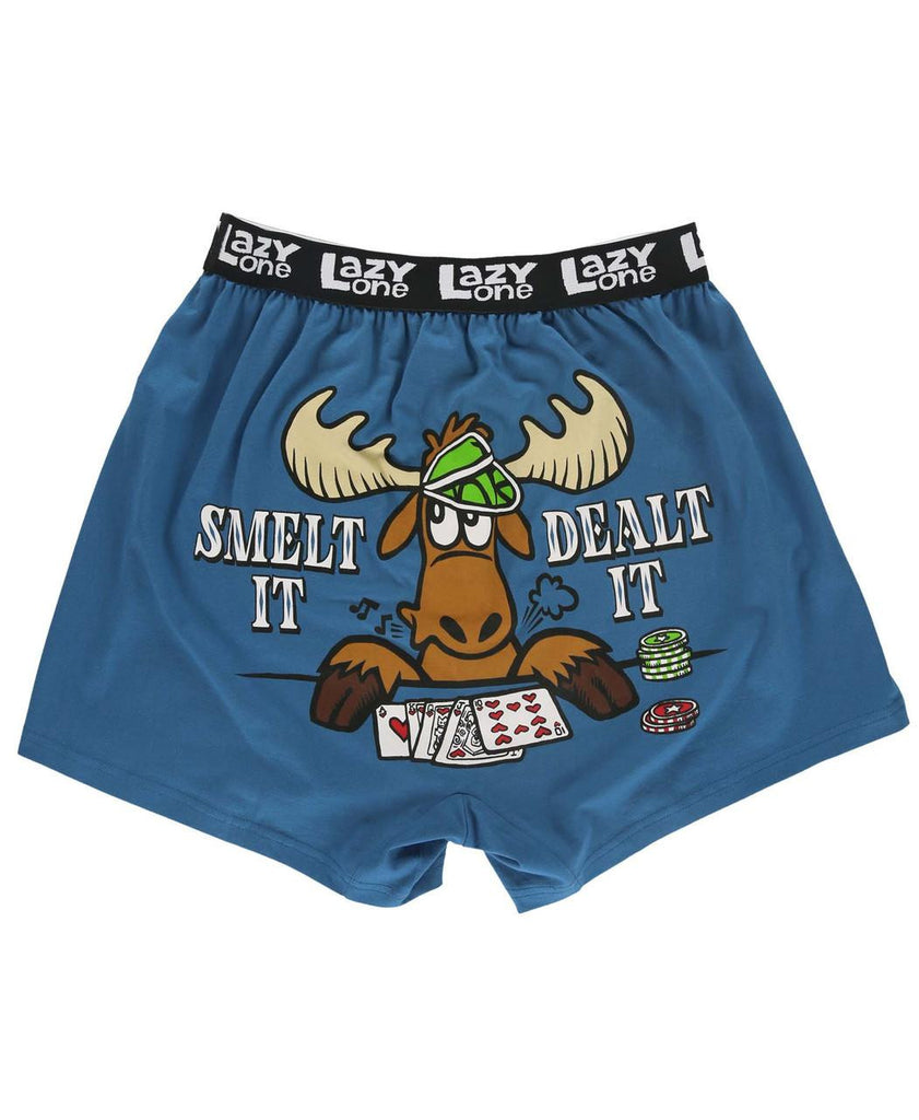 Blue boxer briefs with a moose graphic and text on a white background