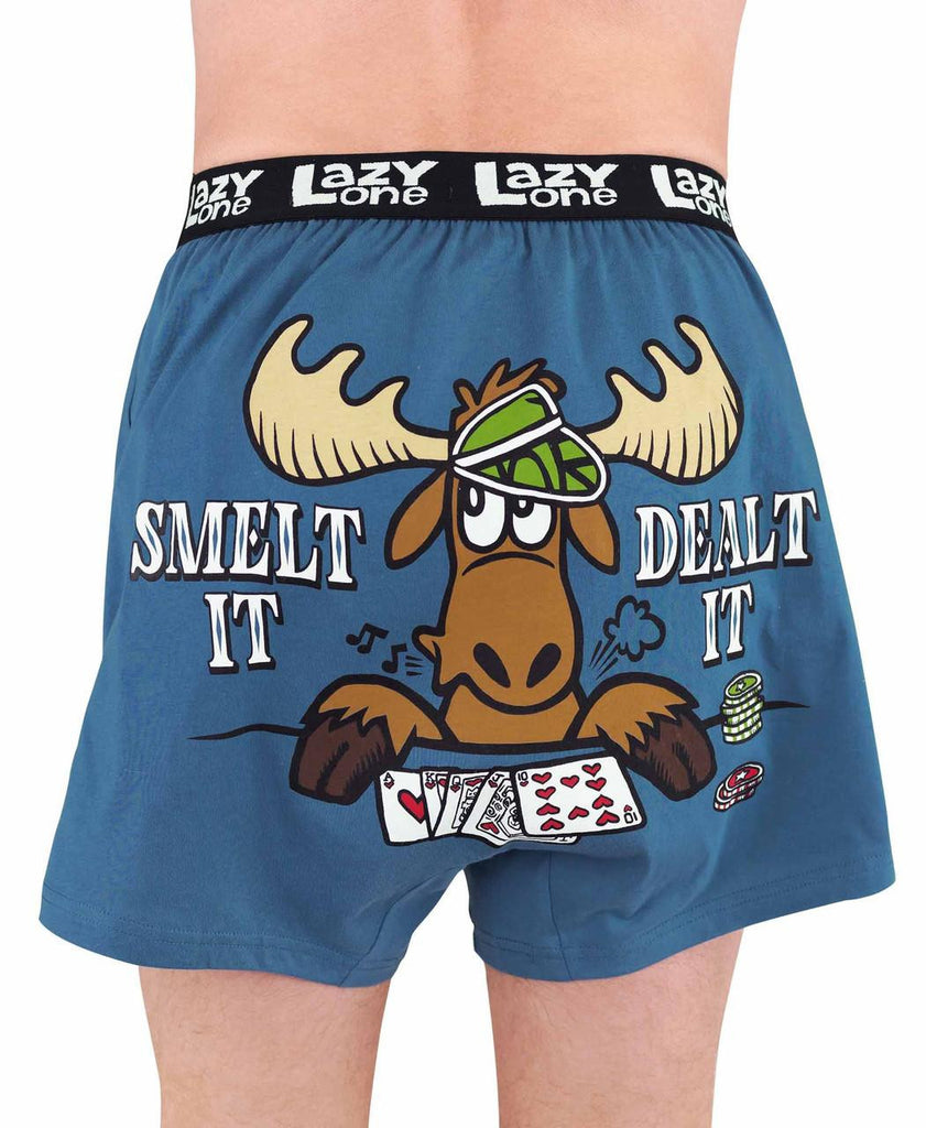Blue boxer shorts with a cartoon moose design and text on a white background