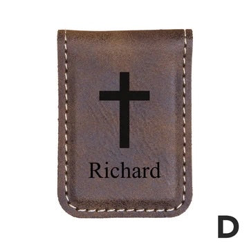 personalized faux leather money clip on a white background