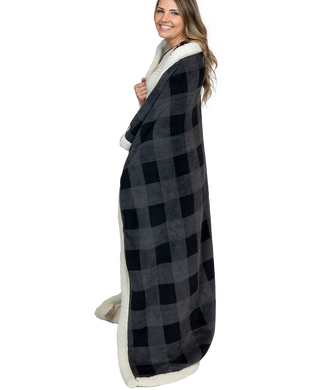 gray plaid blanket wrapped around person on a white background