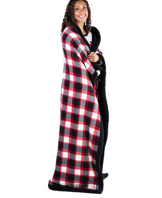 lazy one red, black and white plaid blanket on a white background