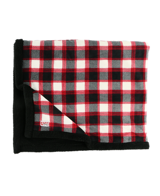 lazy one red, black and white plaid blanket on a white background