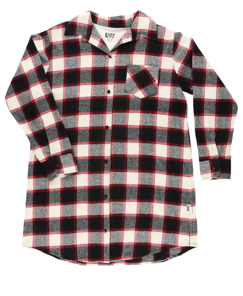 Plaid shirt with black, red, and white pattern on a white background