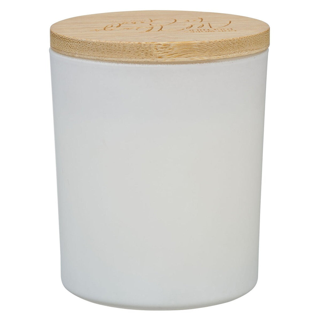 White ceramic jar with a wooden lid on a white background
