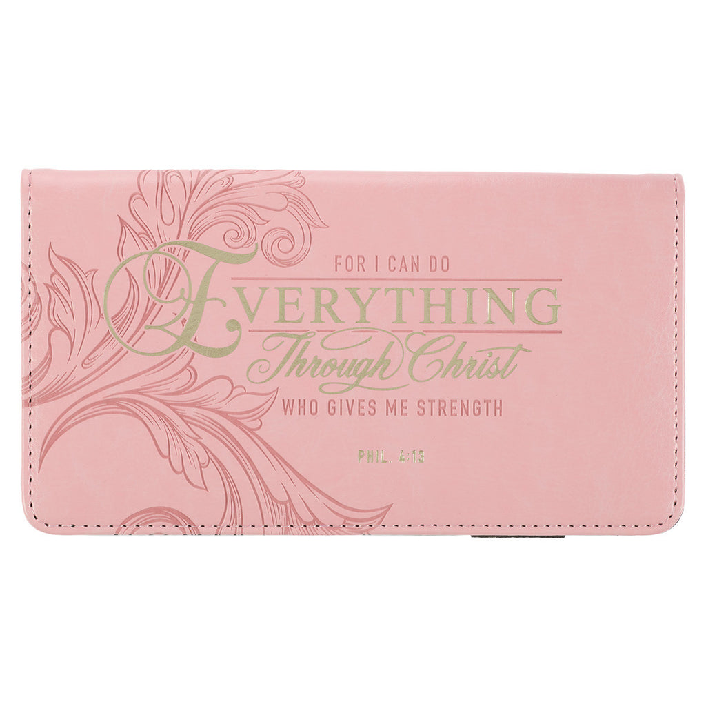 pink checkbook cover on a white background