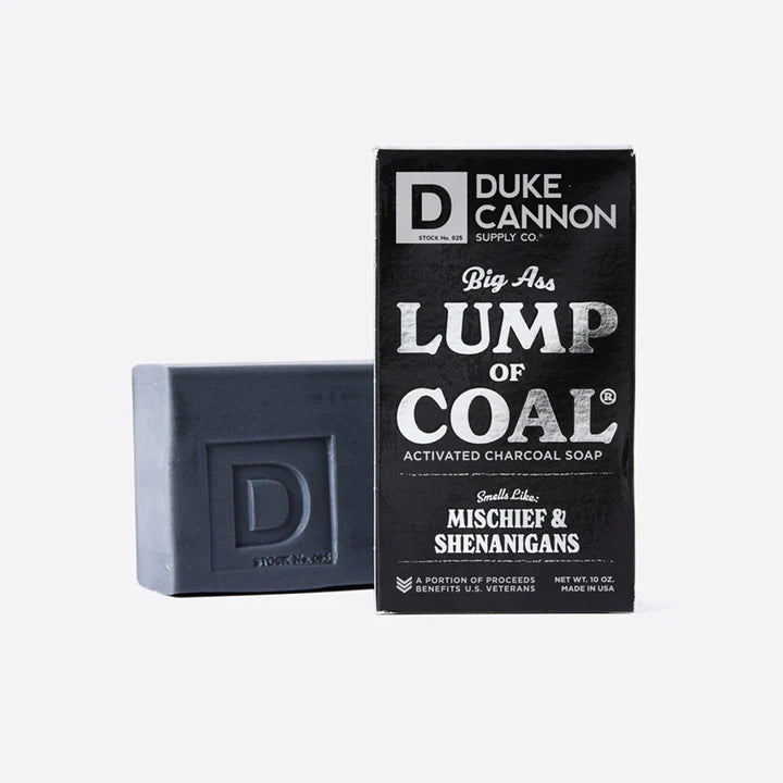 duke cannon lump of coal bar soap on white background