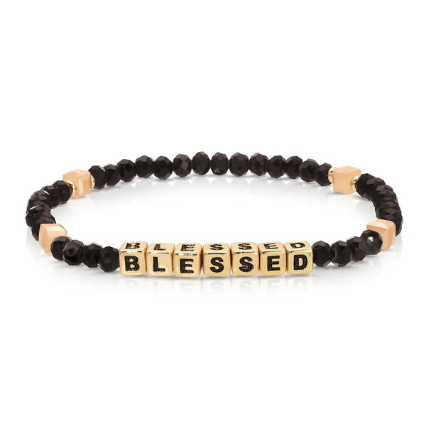 Black crystal with 14k gold-plated letter beads and accent beads. One size fits most. on a white background