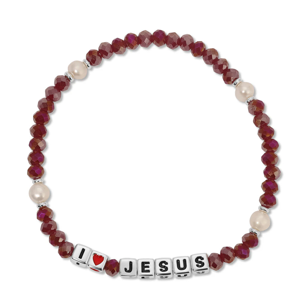 Cranberry AB crystal and Pearl with sterling silver-plated letter beads. One size fits most. on a white background