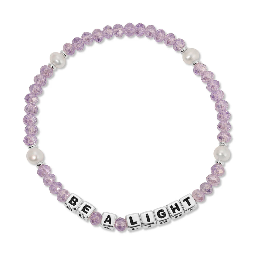 Lavender AB crystal and Pearl with sterling silver-plated letter beads. One size fits most. on a white background