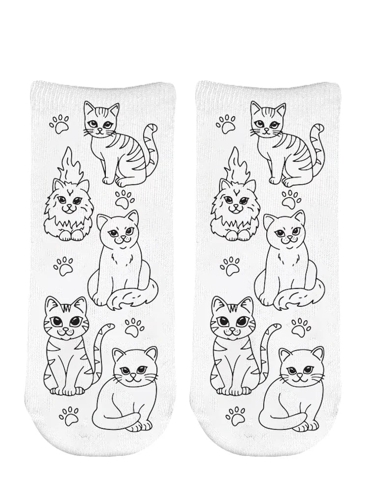 Pair of socks with black cat illustrations on a white background