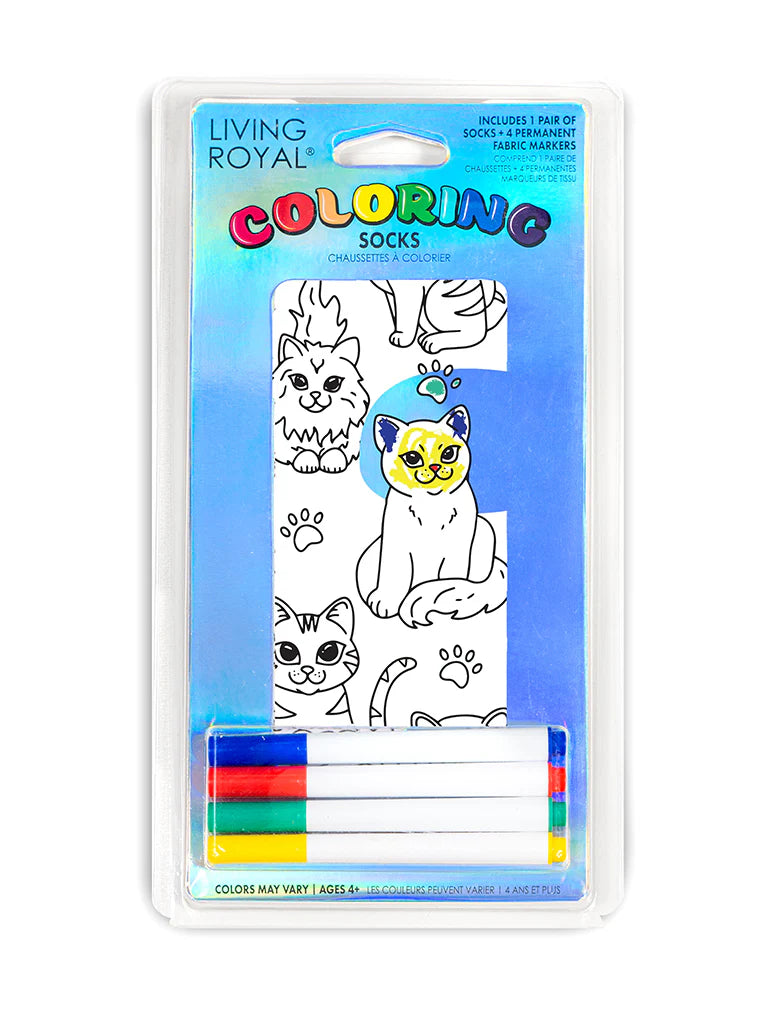 Living Royal coloring socks set with cats and markers on packaging