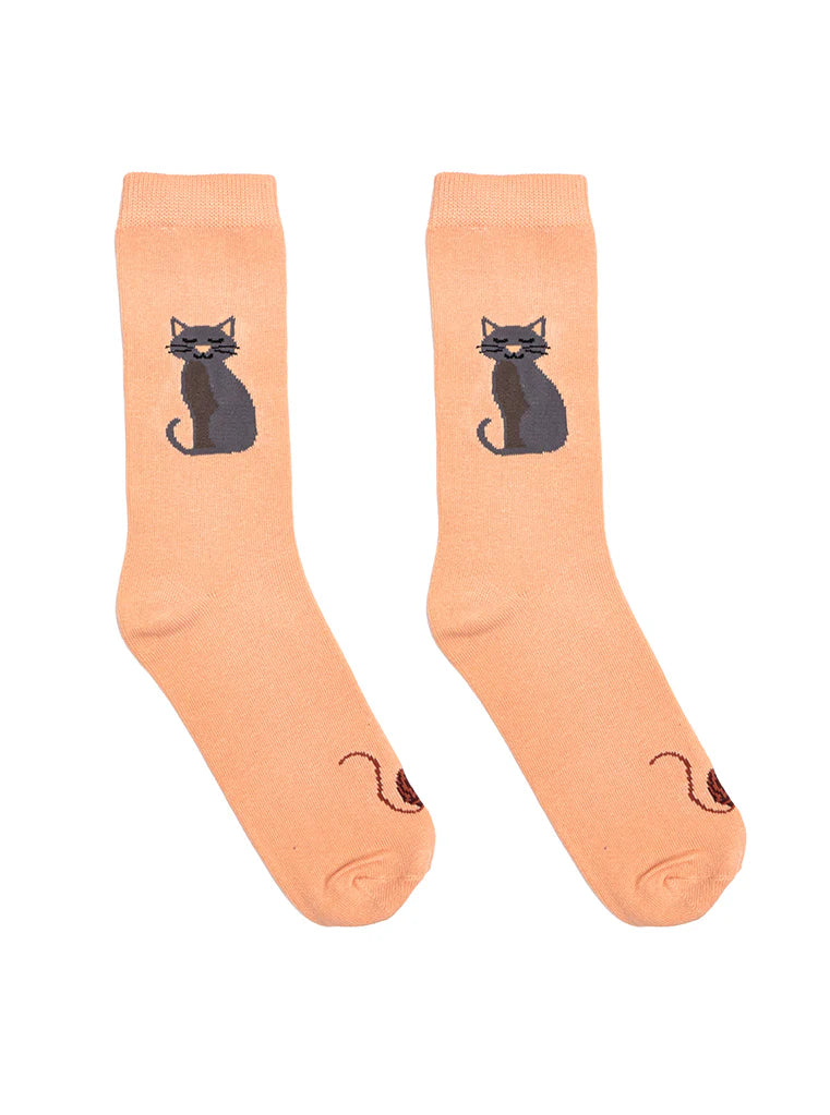 Pair of peach socks with black cat designs on a white background