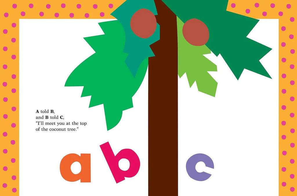 Children's book page with a colorful tree, letters, and text on a white background