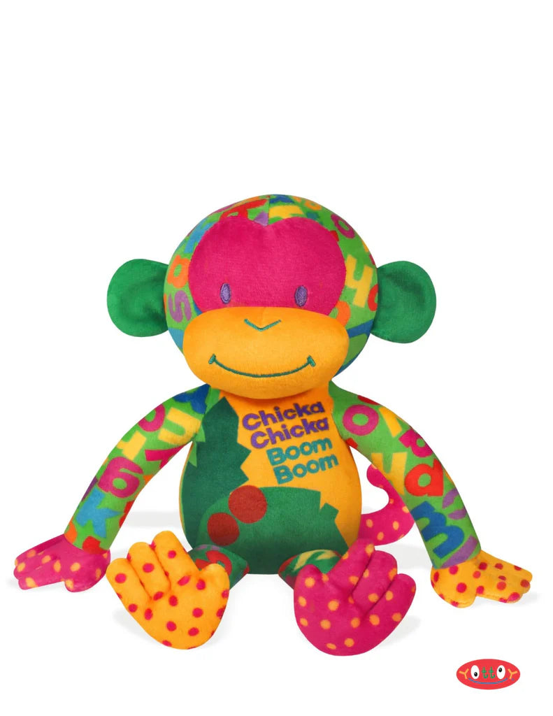 Colorful monkey plush toy with 'Chicka Chicka Boom Boom' text on a white background
