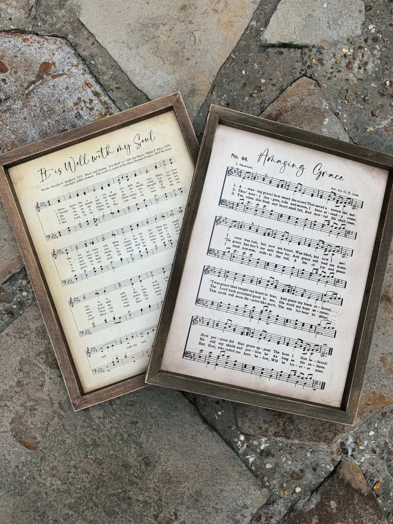 Amazing grace sheet music in a Frame with a rock background