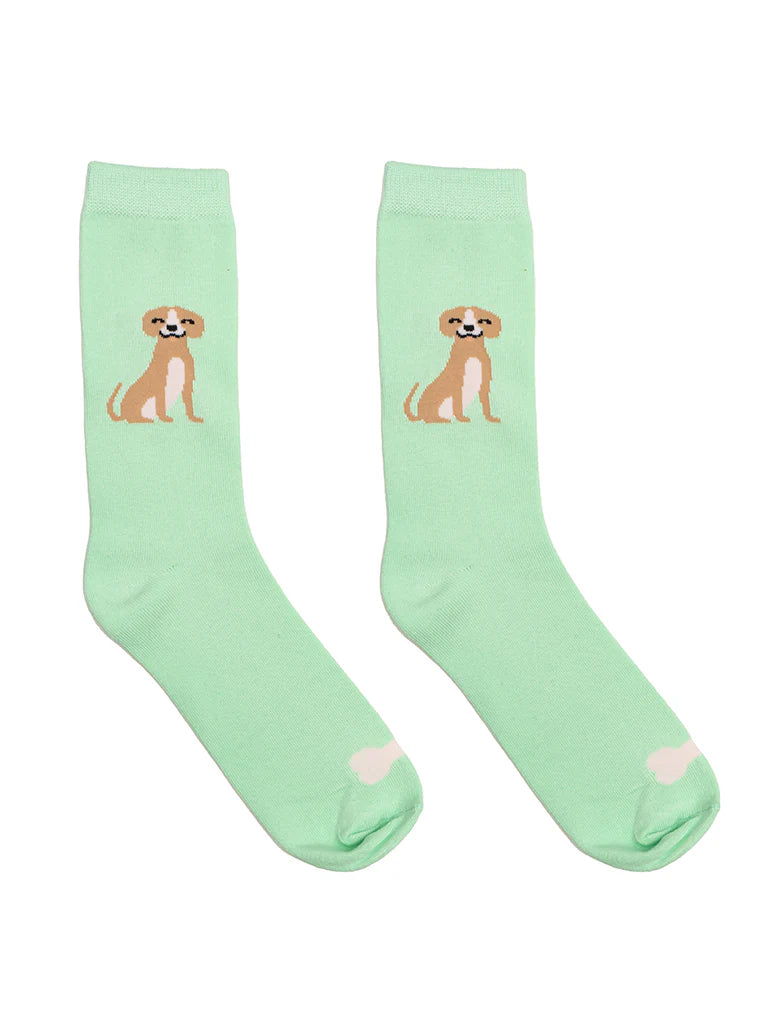 Pair of light green socks with dog illustrations on a white background